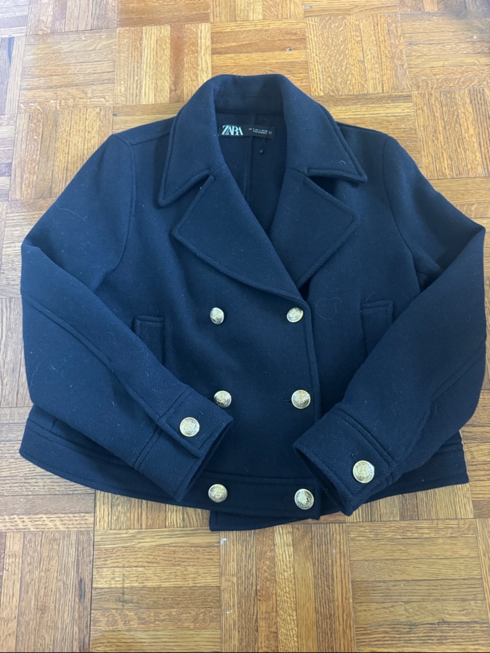 Zara Navy Double-Breasted cropped Pea Coat with Gold Buttons